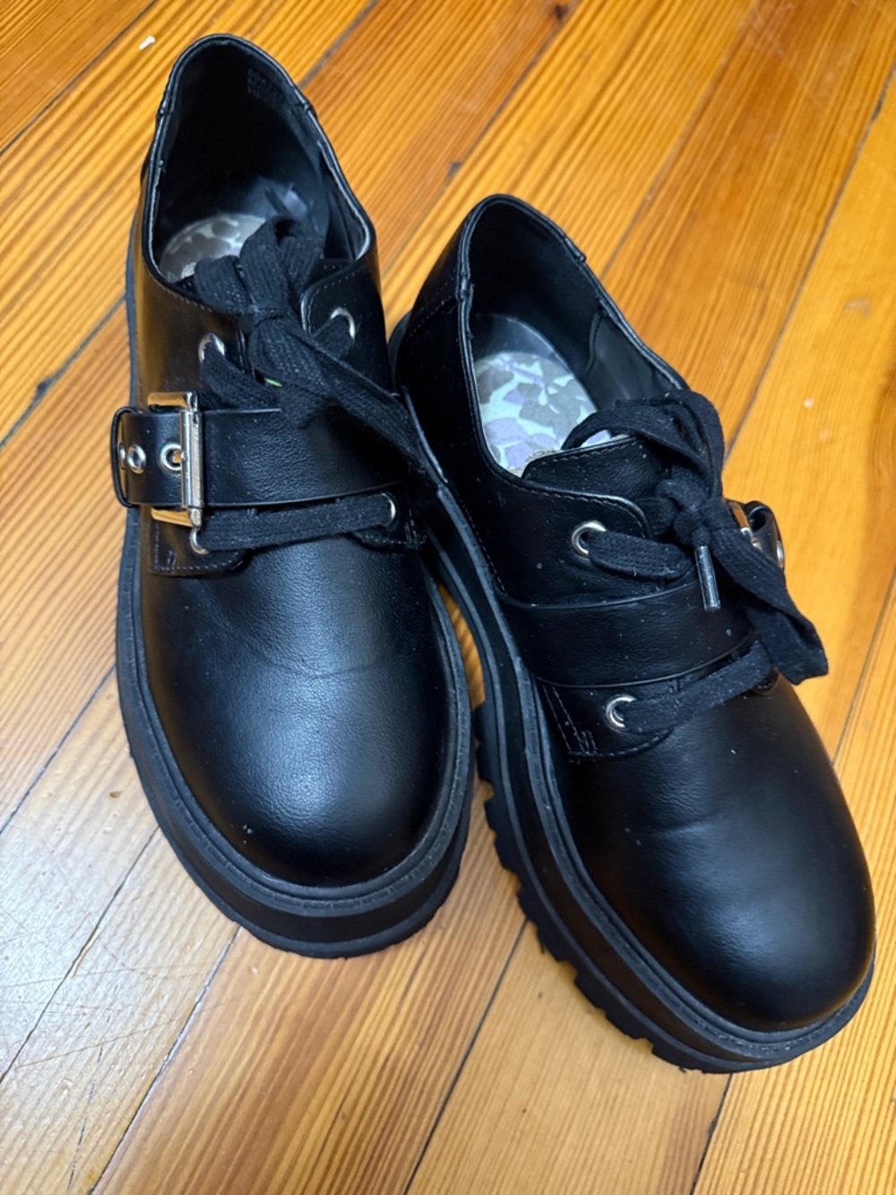 Black Women's Lug Sole Mules with Buckle and Lace